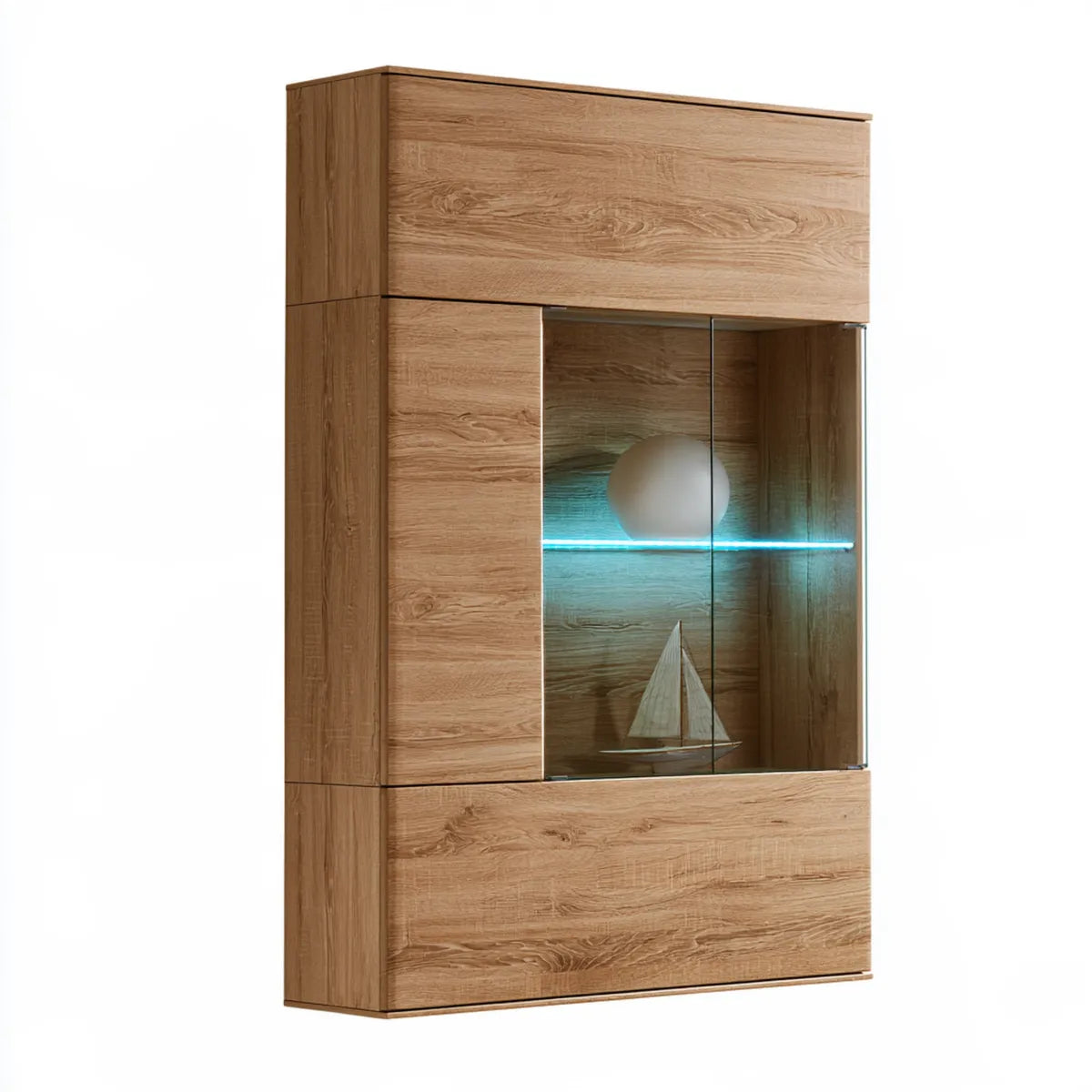 Wall-Mounted Wood Display Cabinet with Glass Doors and Blue LED Lighting, 35.4 x 13.8 x 47.2 in, Natural Oak