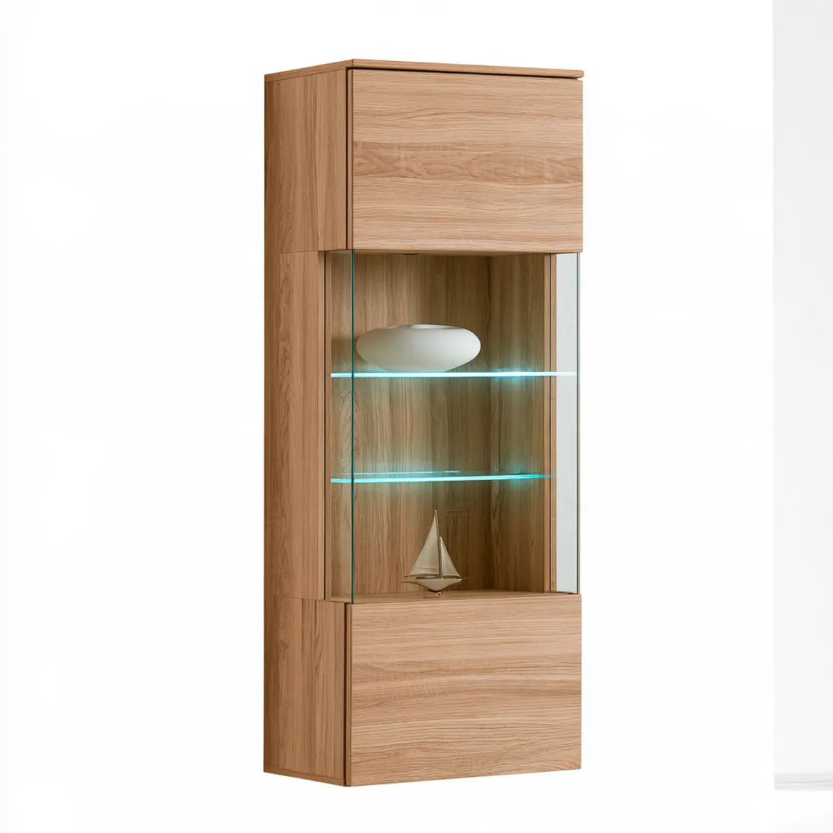 Wall-Mounted Display Cabinet with LED Lighting, 31.5 x 15.7 x 74.8 in, Oak Veneer and Tempered Glass, Natural Oak