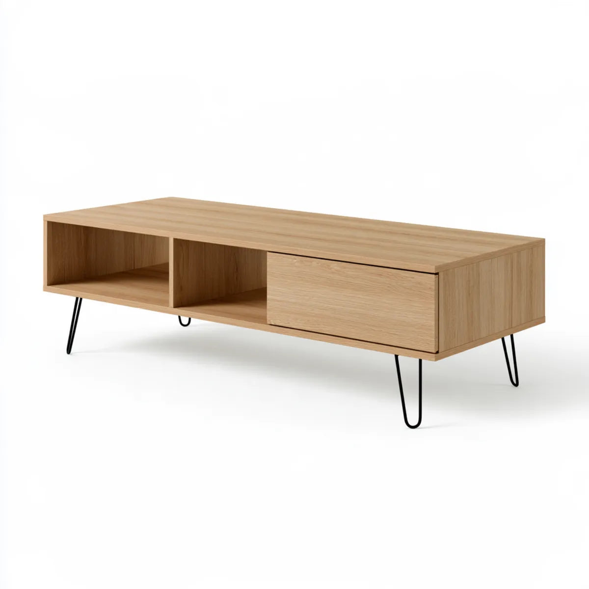 Rectangular Engineered Wood Coffee Table with Drawer and Open Storage, 47.2 x 23.6 x 17.7 in, Natural Oak and Black Steel