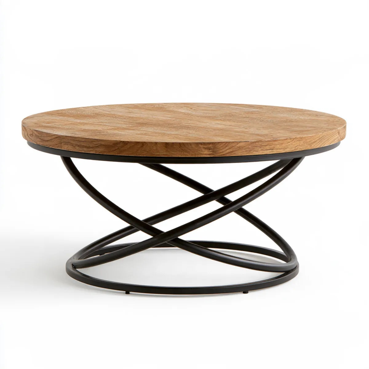 Round Coffee Table, 31.5 in Diameter x 15.7 in H, Natural Solid Mango Wood Top with Black Iron Base