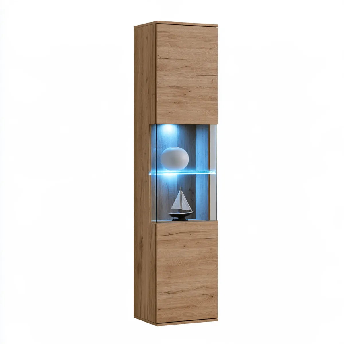 Oak Particleboard LED Lighted Display Cabinet with Tempered Glass, 23.6 x 15.7 x 74.8 in, Oak/Bright Blue