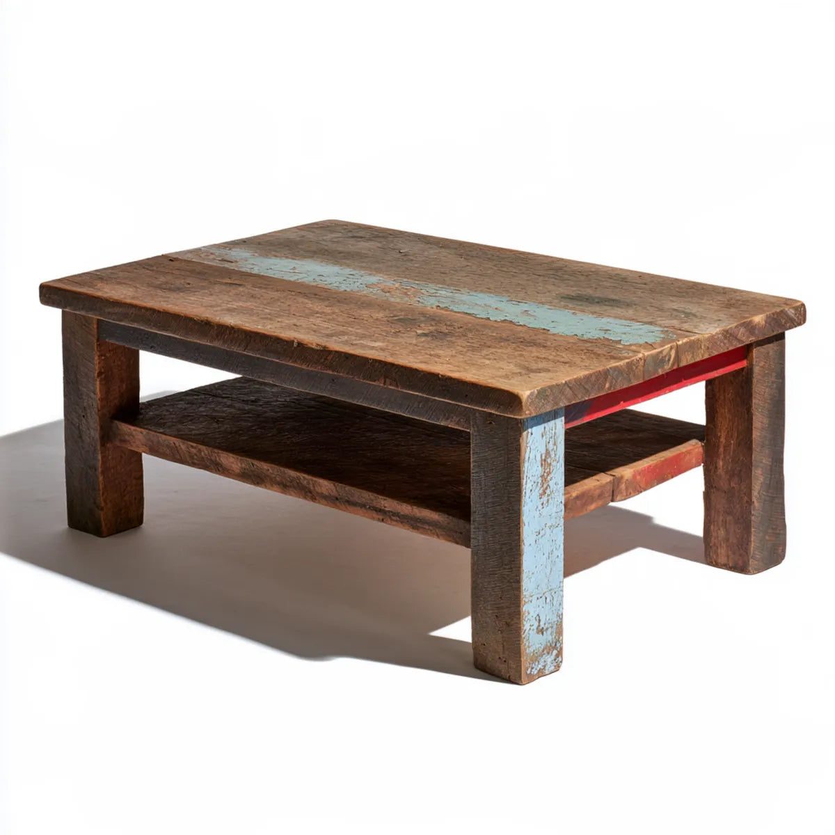 Rectangular Solid Reclaimed Wood Coffee Table with Lower Shelf, 47.2 x 23.6 x 17.7 in, Brown/Blue/Red
