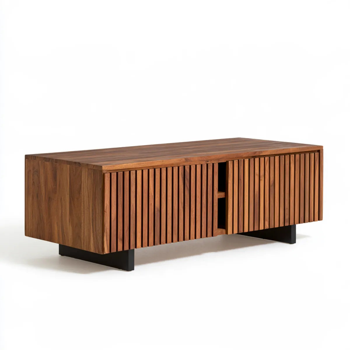 Solid Wood Storage Coffee Table with Sliding Slatted Doors and Steel Legs, 55.1 x 15.7 x 17.7 in, Brown/Black