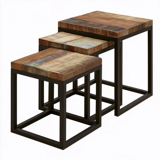3-Piece Square Nesting Coffee Table Set, Reclaimed Wood and Black Steel, 17.7/13.8/10.6 in