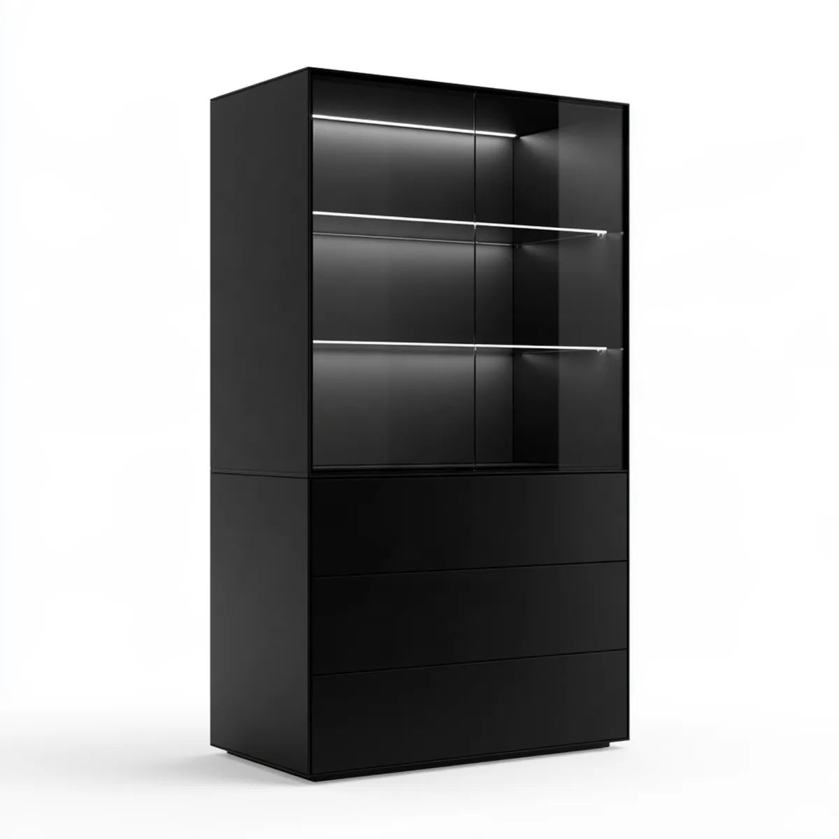 Black MDF and Tempered Glass Display Cabinet with LED Lighting, 35.4 x 15.7 x 70.9 in, 3 Drawers