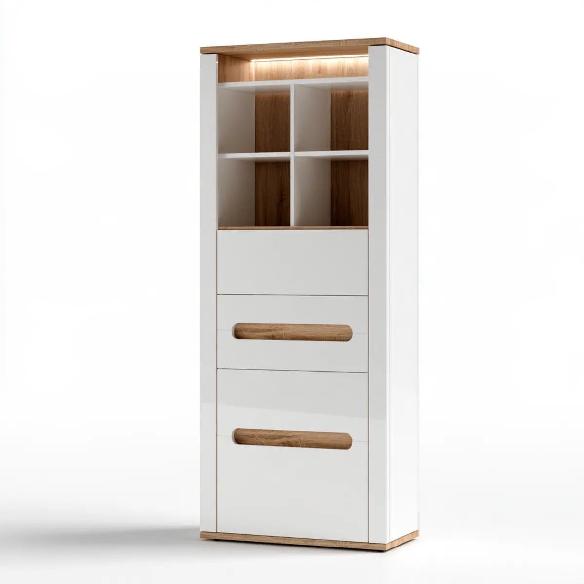 White and Natural Oak MDF Tall Storage Bookcase with 3 Drawers and LED Light, 31.5 x 15.7 x 78.7 in