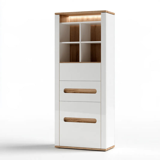 White and Natural Oak MDF Tall Storage Bookcase with 3 Drawers and LED Light, 31.5 x 15.7 x 78.7 in