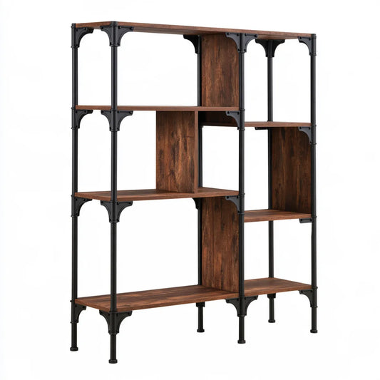 Industrial 10-Shelf Bookcase, 63.0 x 13.4 x 70.9 in, Rustic Brown and Black MDF and Steel Storage Shelving Unit