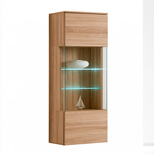 Wall-Mounted Display Cabinet with LED Lighting, 31.5 x 15.7 x 74.8 in, Oak Veneer and Tempered Glass, Natural Oak