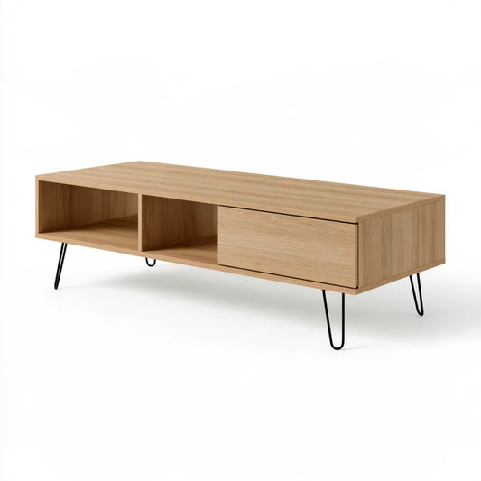 Rectangular Engineered Wood Coffee Table with Drawer and Open Storage, 47.2 x 23.6 x 17.7 in, Natural Oak and Black Steel
