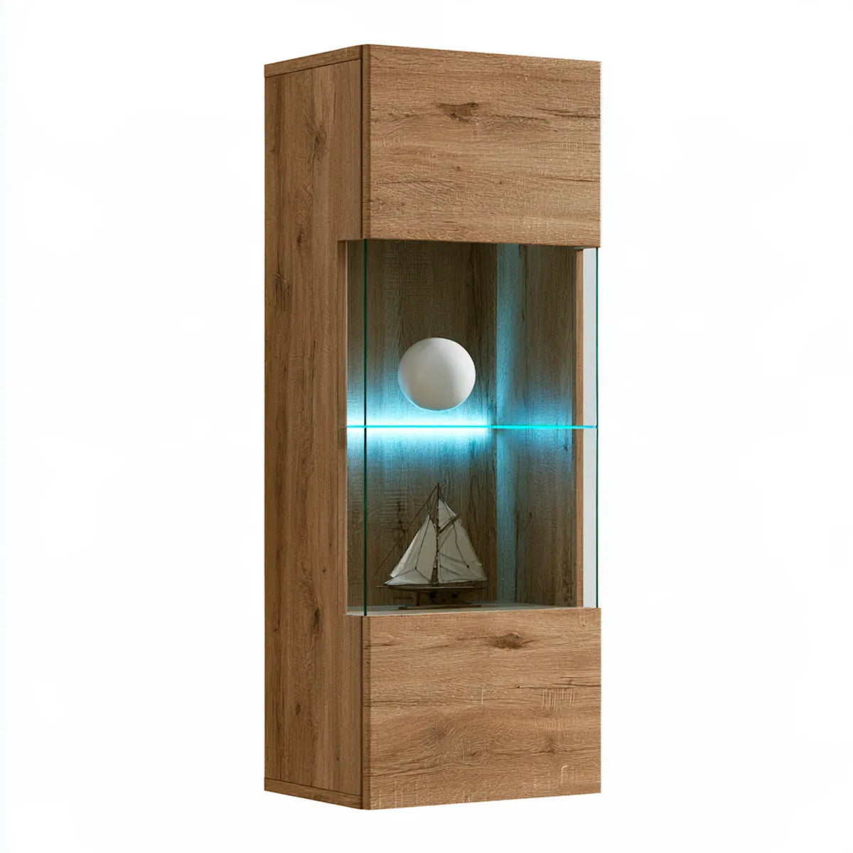 Tall Particleboard Display Cabinet with Glass Shelf and Blue LED Lighting, Oak Brown, 23.6 x 15.7 x 74.8 in