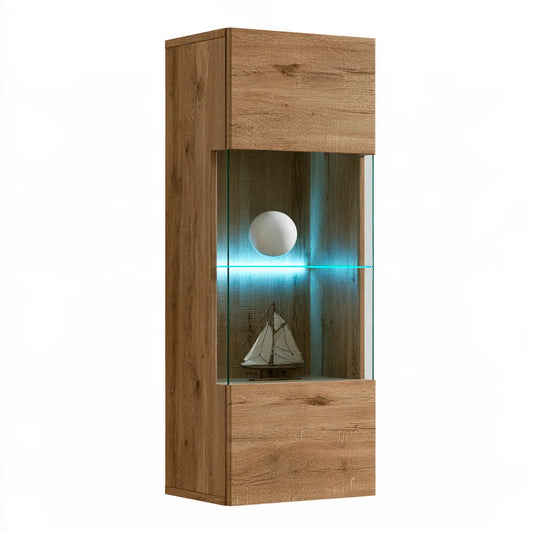 Tall Particleboard Display Cabinet with Glass Shelf and Blue LED Lighting, Oak Brown, 23.6 x 15.7 x 74.8 in