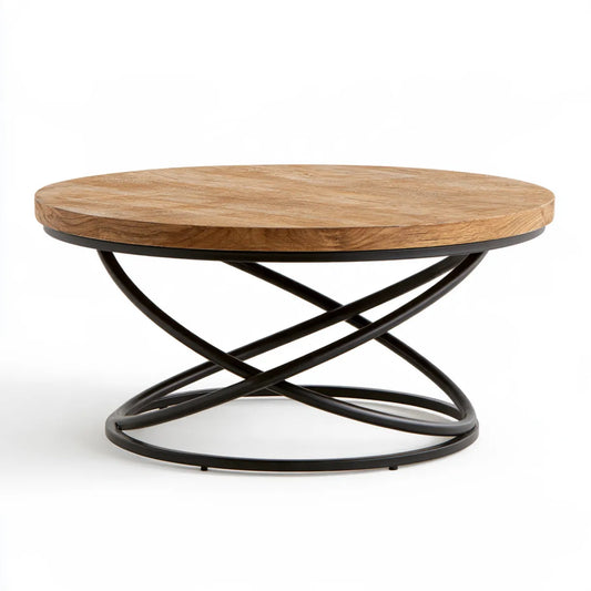 Round Coffee Table, 31.5 in Diameter x 15.7 in H, Natural Solid Mango Wood Top with Black Iron Base