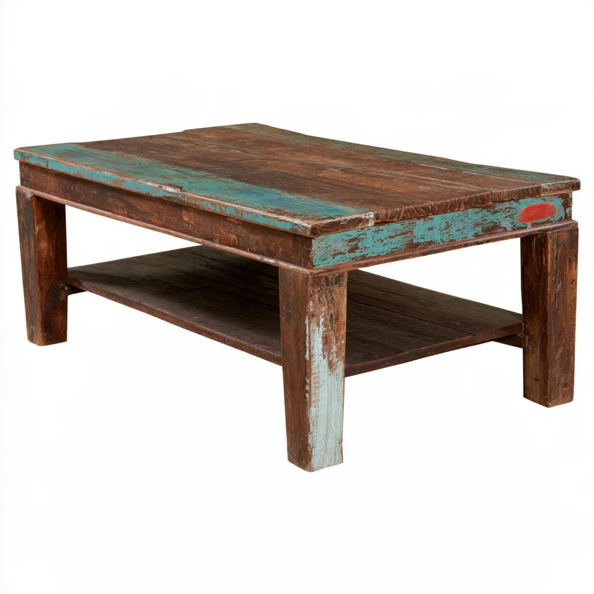 Rectangular Wood Coffee Table with Lower Shelf, 43.3 x 23.6 x 17.7 in, Brown Turquoise Red